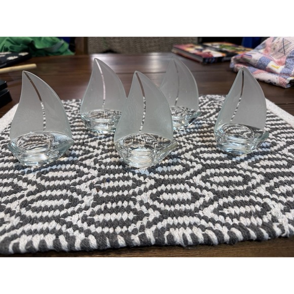 Kate Aspen frosted glass sailboat tealight candle holder -4" tall Bundle Of 5 - Picture 2 of 13